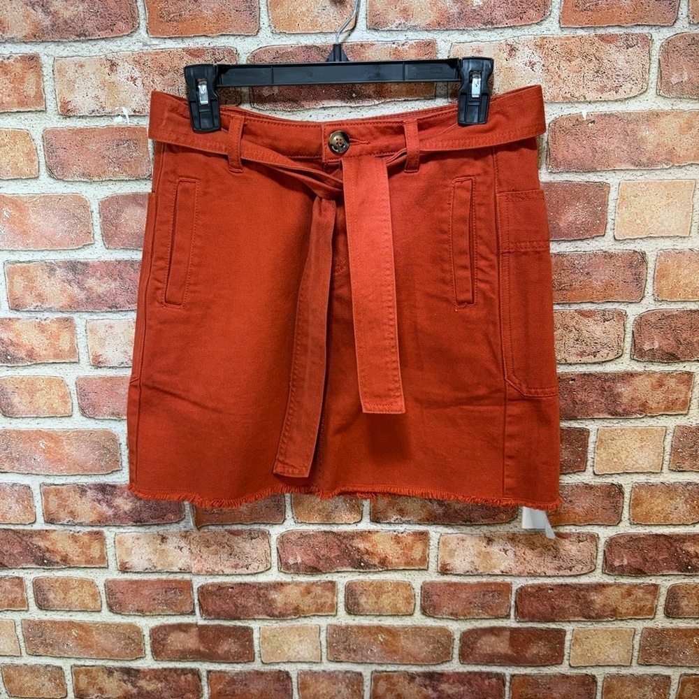 Pilcro Rust belted burnt Orange Tie-Waist utilitarian fall-core Mini Skirt